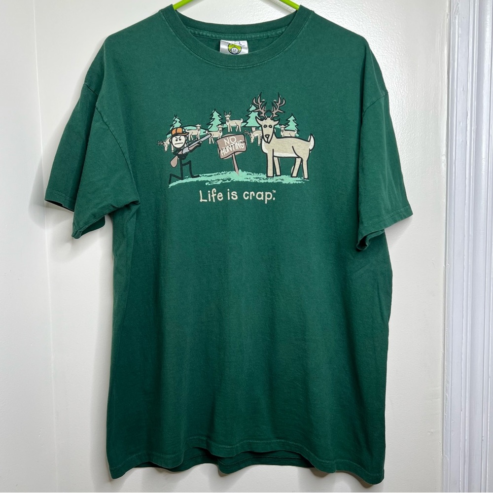 Vintage Y2K Life is Crap Humorous T Shirt Hunting Graphic Mens Size Large Green